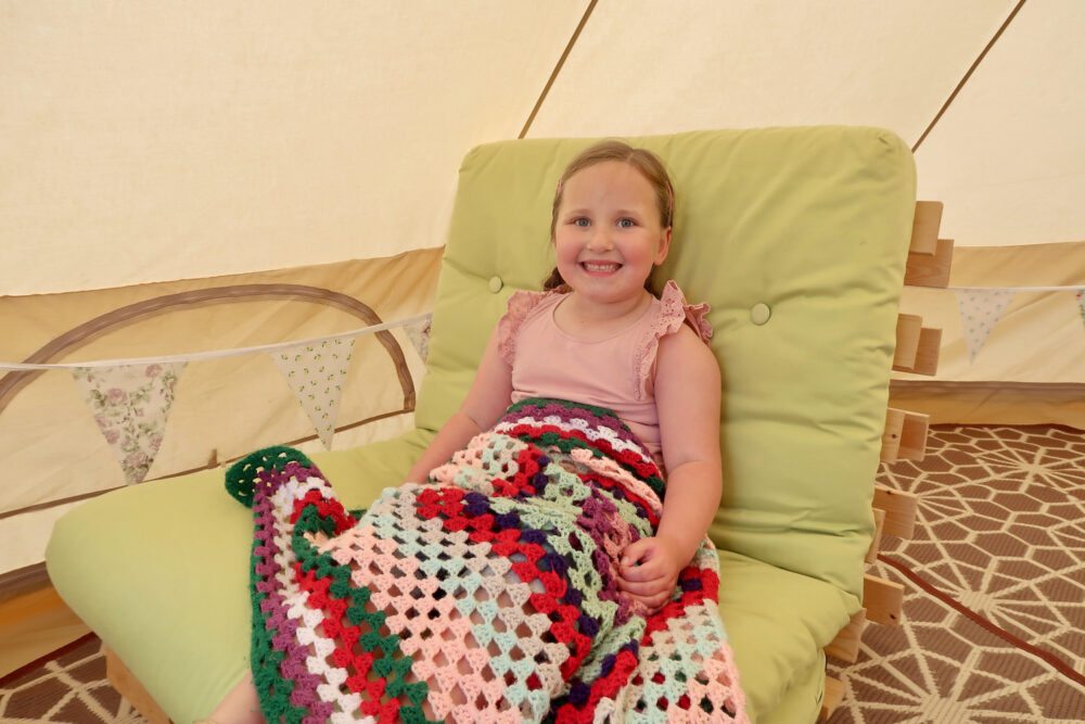Bumblebarn Erin sat in the bell tent