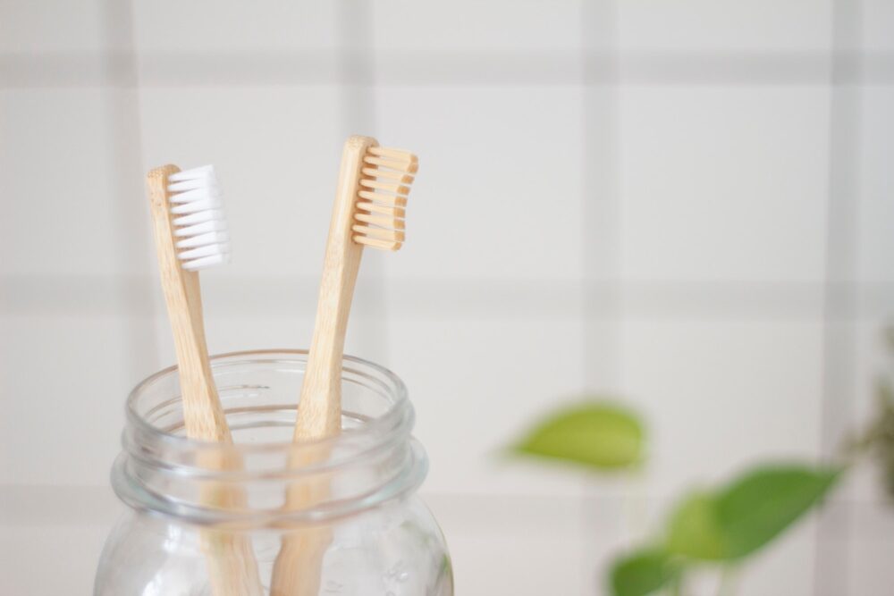 Toothbrushes in a jar