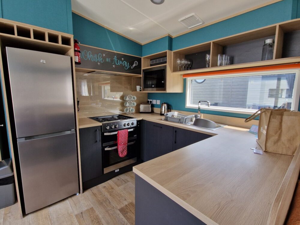 Kitchen in Burst of Blue caravan at Cleethorpes Pearl