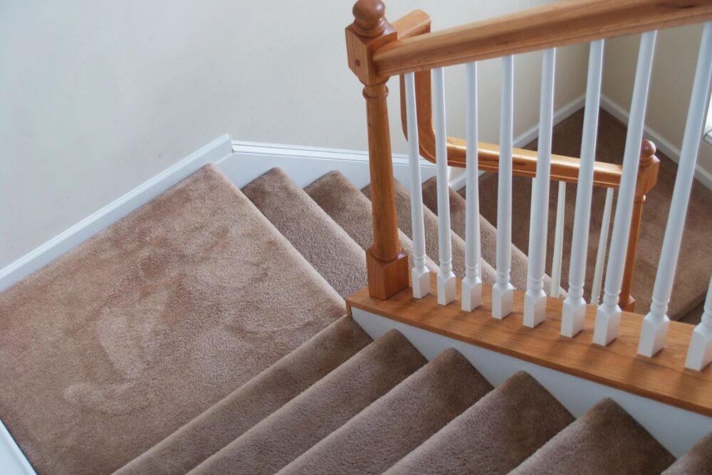 View of a set of carpeted stairs in an American house