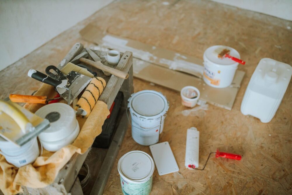 Overhead shot of painting and decorating supplies