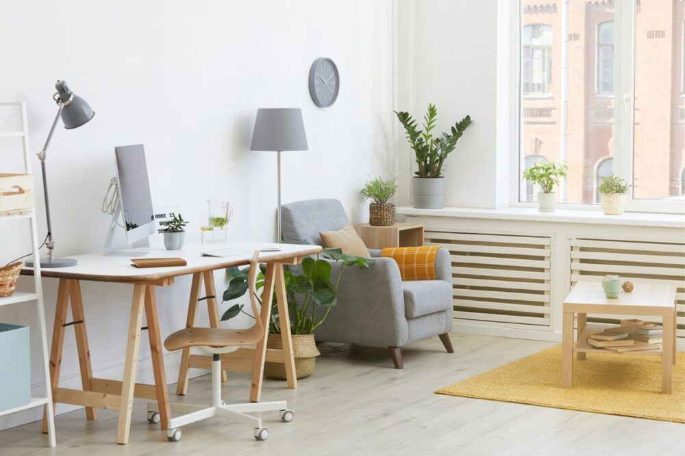 Modern living room with home office area